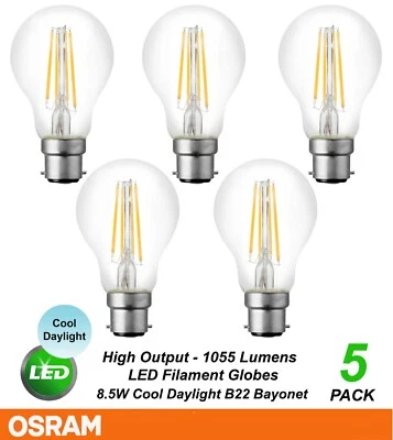 5 x DIMMABLE LED 8W Filament Light Globes Bulbs B22 Bayonet 1055Lm Cool Daylight - Image 1 of 4
