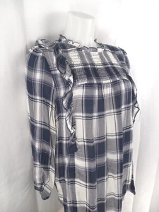 Blusa Haley London para mujer con volantes acanalada manga larga azul marino a cuadros talla M - Imagen 1 de 11