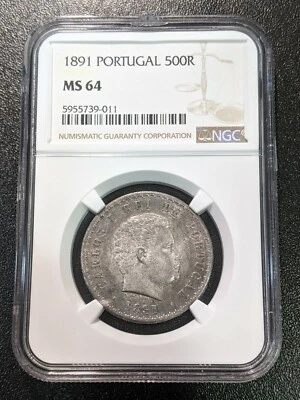 1891 MS64 Portugal Silver 500 Reis KM 535 NGC UNC only 8 graded higher! Carlos I - Image 1 of 4