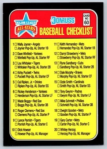 1987 Donruss All-Stars - Checklist #60 - Oversized 3 1/2" x 5" - Picture 1 of 2