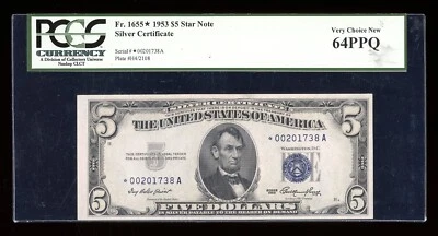 DBR $5 1953 Silver STAR Fr. 1655* PCGS 64 PPQ Serial *00201738A - Image 1 of 2