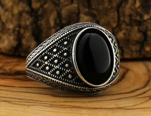 Handmade Micro Detailed Black Agate 925 Sterling Silver Men's Woman's Ring - Picture 1 of 1