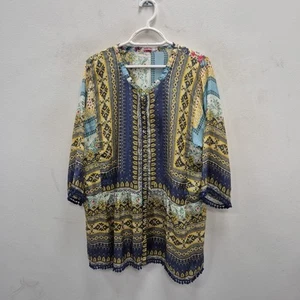 Johnny Was Della Boho Tunika Shirt Stehkragen Seide Blumen Paisley Größe Large - Bild 1 von 8