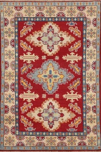 Roter Kasak Orientteppich 3x5 Handgeknüpft Wolle Geometrisch Tribal Akzent Teppich - Bild 1 von 21