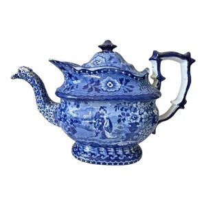 Antique Staffordshire Pottery Flow Blue Transferware Teapot - Romantic Scene - Picture 1 of 15