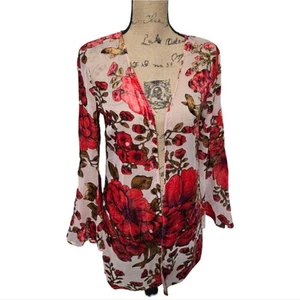 En Creme Victorian Red Floral Velvet Burnout Bell Sleeve Kimono Jacket Size Sm - Picture 1 of 7