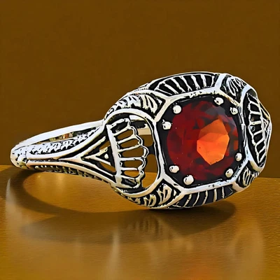GENUINE GARNET 925 STERLING SILVER ART DECO STYLE SOLITAIRE FILIGREE RING   #018 - Image 1 of 4