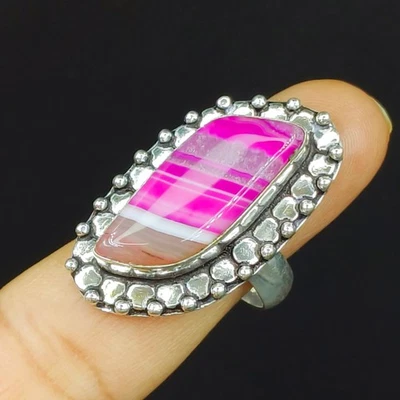 Anillo de ágata de encaje rosa natural plata 925 joyería elegante, anillo tamaño-7,5 EE. UU. Foto 1 de 4