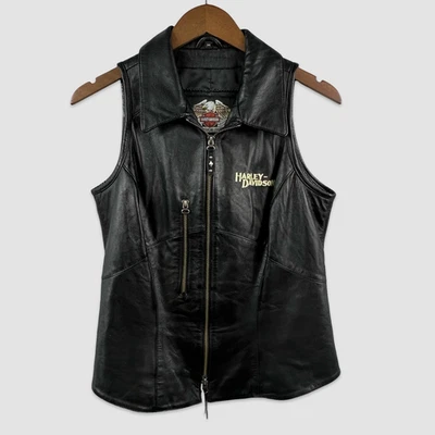 Chaleco de motociclista Harley Davidson vintage para mujer talla pequeña/mediana de cuero con cremallera Foto 1 de 4