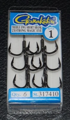 6 Gamakatsu 317410 Extra Wide Gap EWG Short Shank 2X Strong Treble Hooks Size 1 - Image 1 of 2