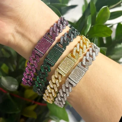 Juego de 4 brazaletes cubanos Miami chapados en oro de 14K/rodio circonita cúbica helada Foto 1 de 4