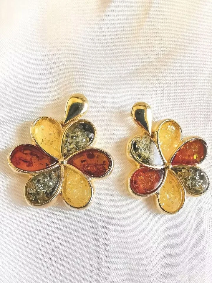 Luxury UNIQUE Natural Authentic BALTIC AMBER 925 Sterling Silver Earring Gift