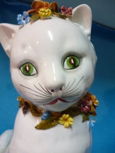 LARGE WHITE CAT - ITALIAN MADE IN ITALY PORCELAIN WHIMSICAL FLOWERS 12-1/2" - Bild 1 von 10