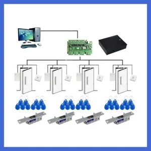 4-Door Control Kit with Reader/Switch/Power Unit/Key Fob/ Electric Strikes Locks - Picture 1 of 21