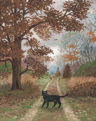 8x10 PRINT OF PAINTING LANDSCAPE BLACK CAT VINTAGE STYLE RYTA HALLOWEEN Folk Art