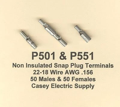 100 Non Insulated Snap Plug Terminal 50 Male & 50 Female #22-18 Wire Gauge .156 - Image 1 of 3