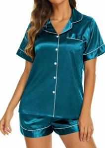 NEW Womens TEAL Blue SATIN SOFT Sleepwear Pajamas Set Size S - Picture 1 of 4