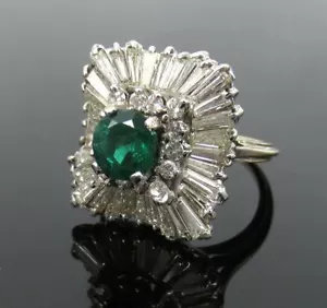 1950’s Retro 3.50ct Diamond & 1.0ct Colombian Emerald Platinum Ballerina Ring - Picture 1 of 8