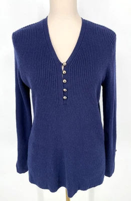 Peck And Peck 2-Ply 100% Cashmere women's size XL Ribbed Navy Sweater top henley - Image 1 of 4