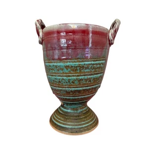 Beautiful Round Green and Red Glaze Ceramic Planter With Handles Marked 9.75”T - Picture 1 of 10