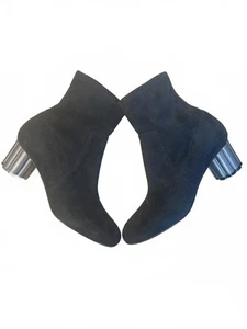 Salvatore Ferragamo Catania schwarze Wildleder-Stiefeletten metallischer Blockabsatz Größe 9 - Bild 1 von 8