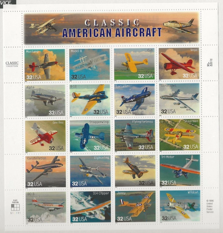 U.S. #3142 CLASSIC AMERICAN AIRCRAFT Sheet, 32 Cent, FV $6.40 (1996) [[697 - Image 1 of 1