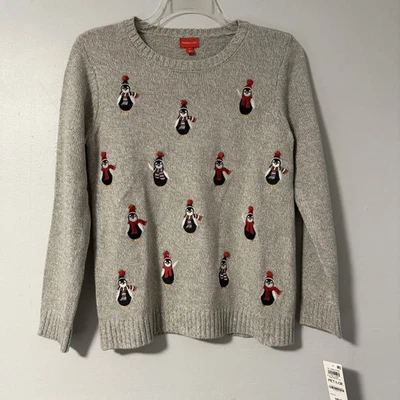 Holiday Lane Women’s Penguin Sweater Embroidered Pom Poms Christmas PL NWT - Image 1 of 4