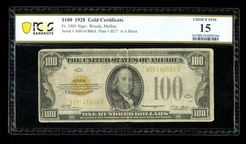 DBR 1928 $100 Gold Certificate Fr. 2405 PCGS-B 15 Serial A00141806A Cover