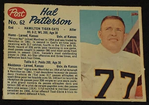 1962 - POST CEREAL - HAL PATTERSON - HAMILTON TIGER CATS - CFL FOOTBALL CARD #62 - Picture 1 of 2