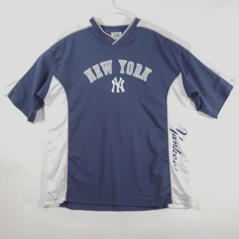 New York Yankees Mens Jersey XL Blue White Lee Sport V-Neck Short Sleeve Cover