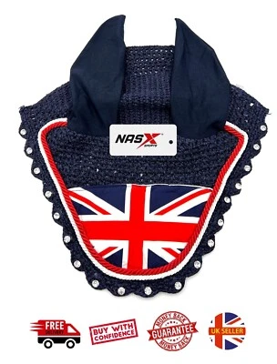NASX SPORTS® Diamante Union Jack Flagge Pferd Ohrhaube gehäkelt Fliegenschleier Großbritannien UK Flagge