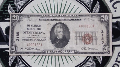 1929 $20 NB Kentucky National Currency *MT. STERLING* KY Ch#2185 A000163A ECC&C - Image 1 of 4