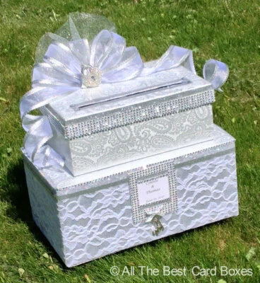 Wedding card box,white,Wedding decoration,two tiers,custom,silver,holds 80 cards - Image 1 of 4