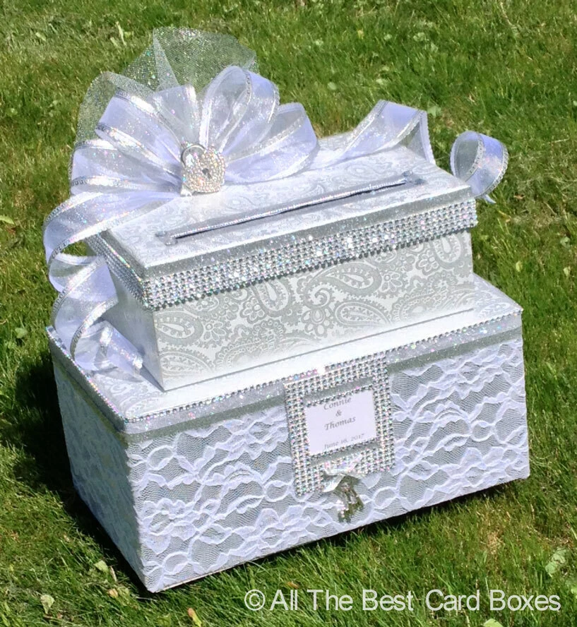 Caja de tarjetas de boda, blanco, decoración de boda, dos niveles, personalizado, plata, tiene capacidad para 80 tarjetas Foto 1 de 4
