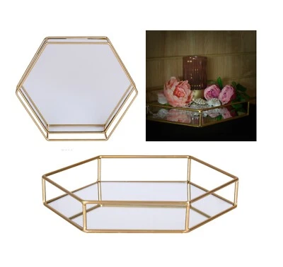 Sechseck Spiegelplatte Schmuckplatte Metall Goldrahmen Display Kosmetik Tablett LG - Bild 1 von 4