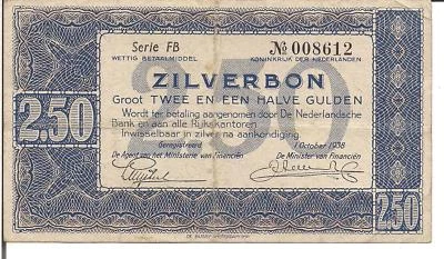 NETHERLANDS, 2 1/2  GULDEN, ZILVERBON, P#62, 1938 - Image 1 of 2