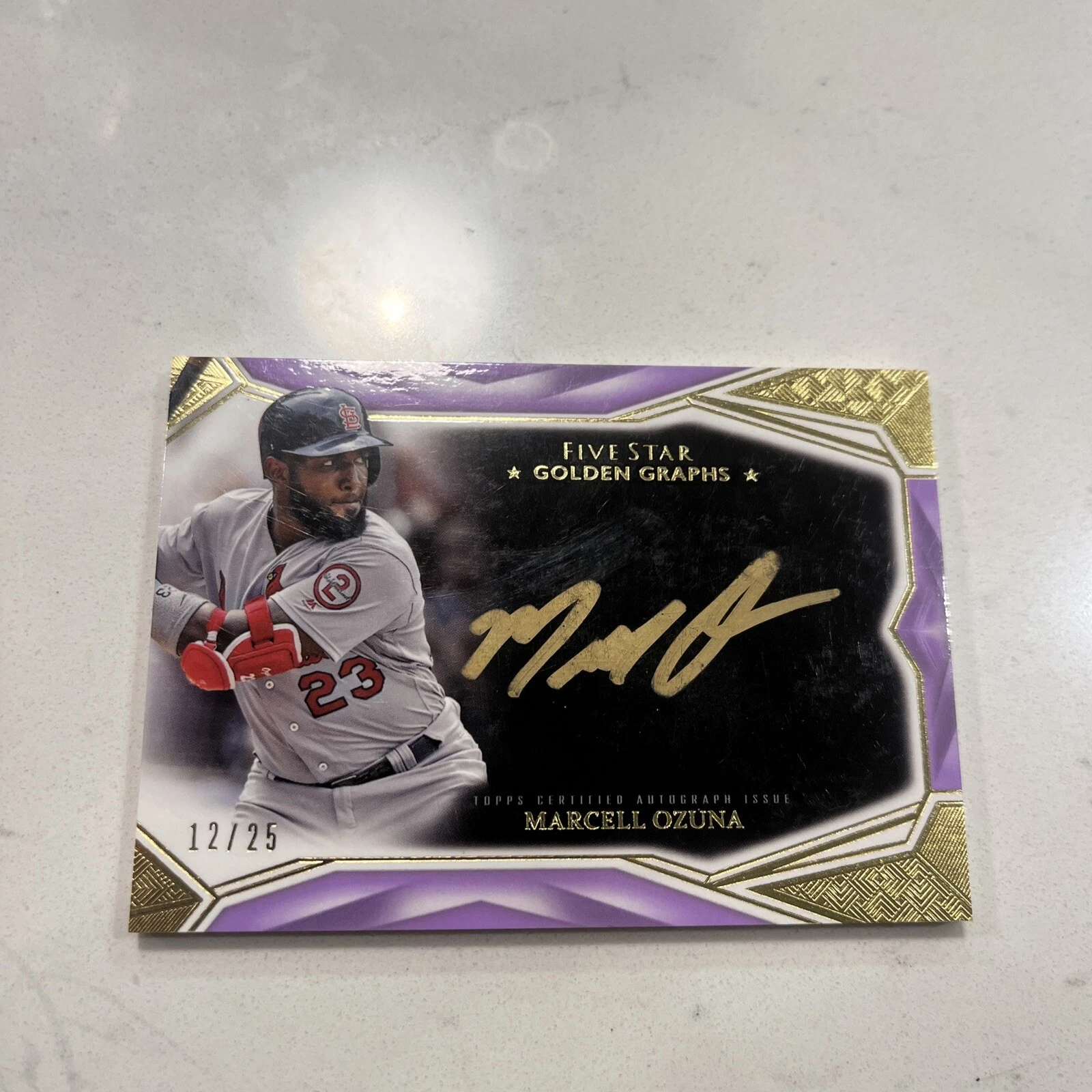 2019 Topps Five Star Golden Graphs Purple Marcell Ozuna Auto On Card #12/25