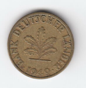 GERMANY 1949  5 penning  - KM#102  -oak seedling -brass clad steel  R.577