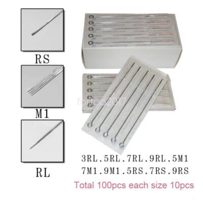 100Pcs Assorted Tattoo Needles Tips Pins Lining Shading RL RS M1 10 Sizes Supply - image 1 of 4
