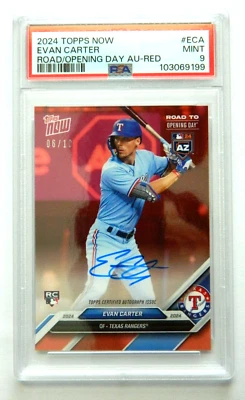 2024 Topps Now Evan Carter Red Auto Road to Opening Day 6/10 PSA 9 Mint - Image 1 of 4