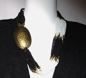 Beautiful VTG Blk, White & Gold Beads 3" Brass Statement Piece Choker Necklace - Picture 1 of 9