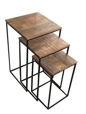 Industrial Solid Wood Stool Set / 3 Pcs - Sawn Finish - Image 1 of 2