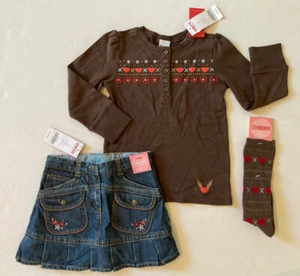 NWT Gymboree Mountain Cabin 4 4T Brown Heart Tee Denim Skirt & Knee High Socks - Picture 1 of 1