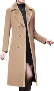 Women's Slim Fur Collar Double Breasted Long Faux Wool Coat Pea Coat - Picture 1 of 16