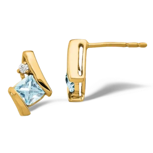 10K Solid Yellow Gold Cushion-Cut Aquamarine Diamond Studs Earrings - Picture 1 of 6