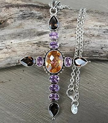 NICKY BUTLER NB 925 Sterling Silver Amethyst Smoky Quartz Cross Pendant Necklace - Image 1 of 4