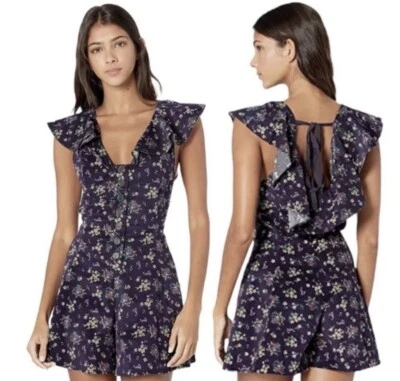 Mameluco Free People Violet Visions talla M cuello en V floral pana manga aleteada Foto 1 de 4
