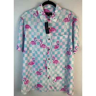 Camisa Margaritaville Estampado Flamenco Abotonada Rosa y Azul Med Tropical Aloha Foto 1 de 4