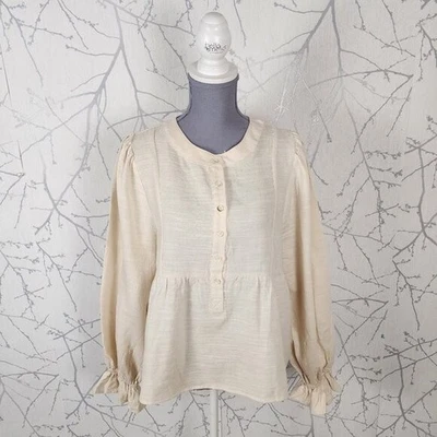 Paper Crane Ivory Linen Cotton Blend Popover Babydoll Blouse | Women's L - Image 1 of 4