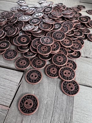 10 Stück flach kupfer farbene Metall Knöpfe 2 Loch 13mm, 15mm, 20mm oder 25mm - Bild 1 von 4